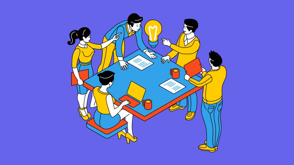 a team brainstorming over a table