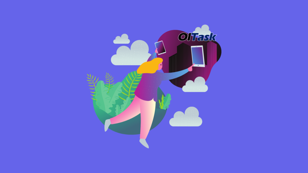 woman holding a tablet with the oltask logo on it