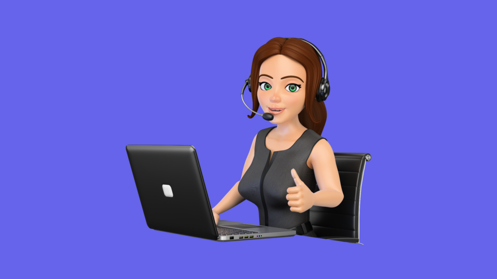 woman with headset on and sitting in front of her laptop posing with a thumbs up