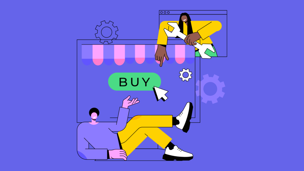 a man and a woman pointing to a buy now button