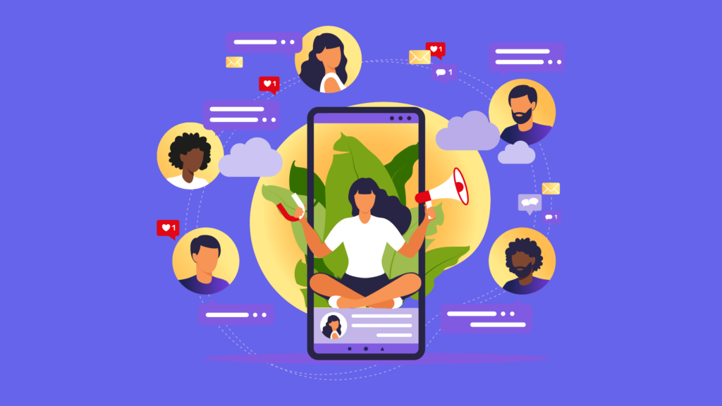 social media influencer dealing with fans and followers with a smartphone in the background vector