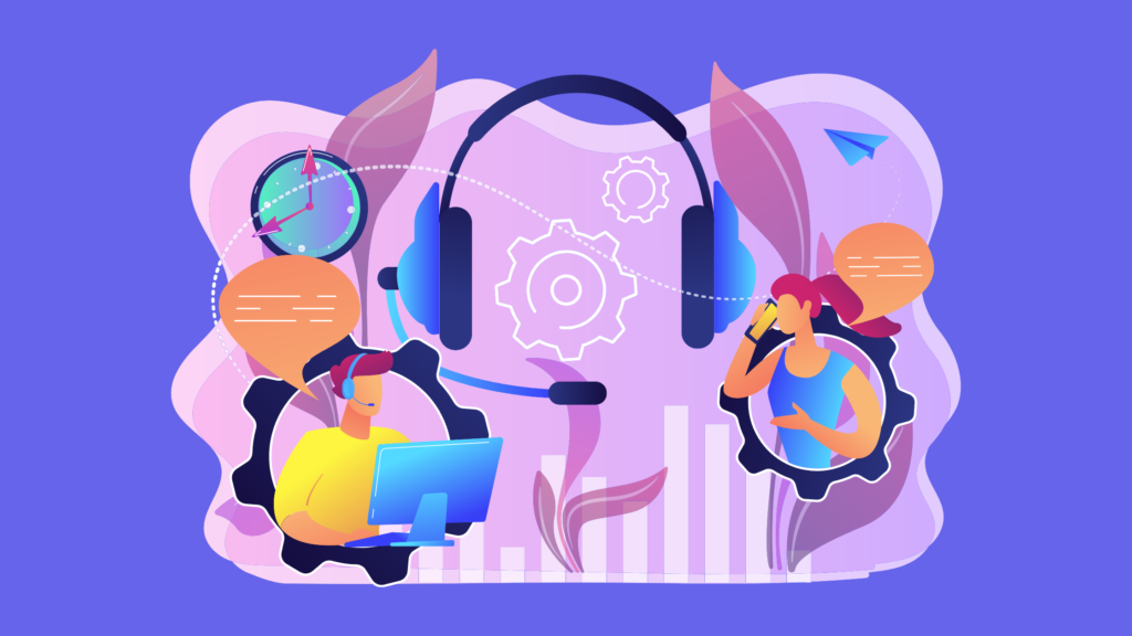customer support staff with time and headphone icons