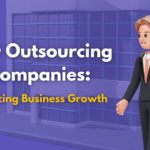 business man in front of a building with the words "SEO outsourcing companies: unlocking business growth"