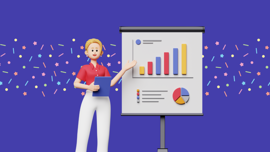 woman beside a chart showcasing SEO success, with a confetti pattern in the background